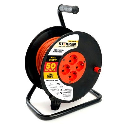 Удлинители STEKKER STD03-20-50, серия Standart, цвет черный, длина 50 м, количество розеток 4, биметалл, сечение кабеля 3x1,5мм2, тип кабеля ПВС, материал кабеля медь, ток 16А, напряжение 250В, максимальная нагрузка 3520Вт, тип вилки - угловая. Диапазон р