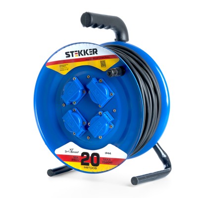 Удлинитель на металлической катушке с/з 4-местный Stekker, PRF02-31-20, 20м, 3*1,5, серия Professional, синий 39785 Удлинитель на металлической катушке с/з 4-местный Stekker, PRF02-31-20, 20м, 3*1,5, серия Professional, синий 39785