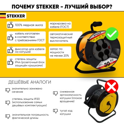 Удлинитель на пластиковой катушке Stekker STD02-41-30 (40171), 30м, 4 гнезда с/з 3*1,0, оранжевый, серия Standart 39708