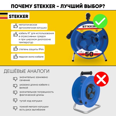 Удлинитель на металлической катушке 4-местный с/з Stekker, PRF02-41-50, 50м, 3*2,5, серия Professional, синий 39297 Удлинитель на металлической катушке 4-местный с/з Stekker, PRF02-41-50, 50м, 3*2,5, серия Professional, синий 39297