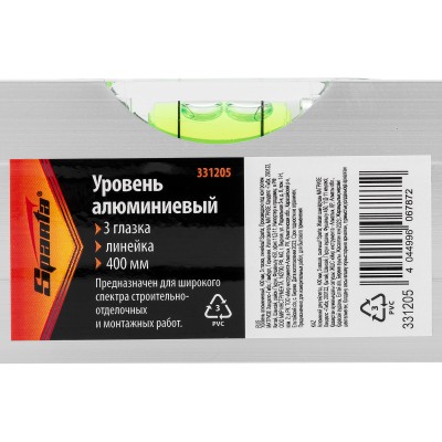 Уровень алюминиевый, 400 мм, 3 глазка, линейка Sparta Уровень алюминиевый, 400 мм, 3 глазка, линейка Sparta