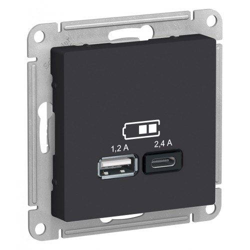 ATLASDESIGN USB РОЗЕТКА А+С, 5В/2,4А, 2х5В/1,2 А, механизм, КАРБОН