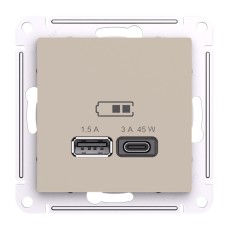 ATLASDESIGN USB РОЗЕТКА A + тип-C 45Вт высокоскор.заряд. QC, PD, мех., ПЕСОЧНЫЙ