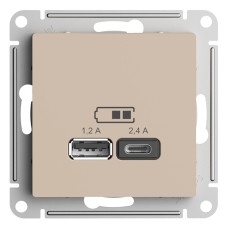 ATLASDESIGN USB РОЗЕТКА A+С, 5В/2,4А, 2х5В/1,2А, механизм, ПЕСОЧНЫЙ