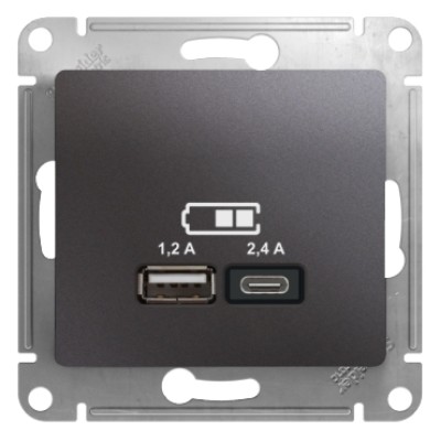GLOSSA USB РОЗЕТКА А+С, 5В/2,4А, 2х5В/1,2А, механизм, ГРАФИТ