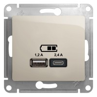 GLOSSA USB РОЗЕТКА А+С, 5В/2,4А, 2х5В/1,2А, механизм, МОЛОЧНЫЙ