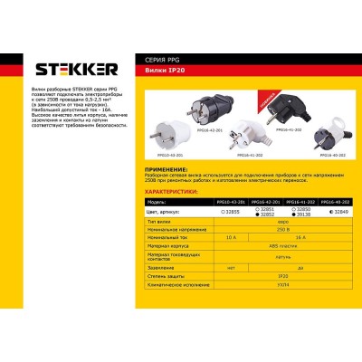 Вилка угловая с/з STEKKER, PPG16-41-202, пластик, 250В, 16A, IP20, белый 32850