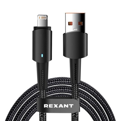 Кабель USB-A – Lightning, 2,4А, 1м, в черной нейлоновой оплетке, со световой индикацией REXANT Кабель USB-A – Lightning, 2,4А, 1м, в черной нейлоновой оплетке, со световой индикацией REXANT