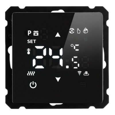 Терморегулятор сенсорный STEKKER GLS00-7119-05, серия Катрин, с подсветкой (белый), тип установки - скрытый, размер изделия 71*71*46мм., цвет черный, материал изделия ABS пластик, латунь. Номинальное напряжение 250 , номинальный ток 16А, IP20